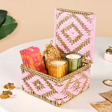 Decorative Multipurpose Handwoven Basket Gold And Pink