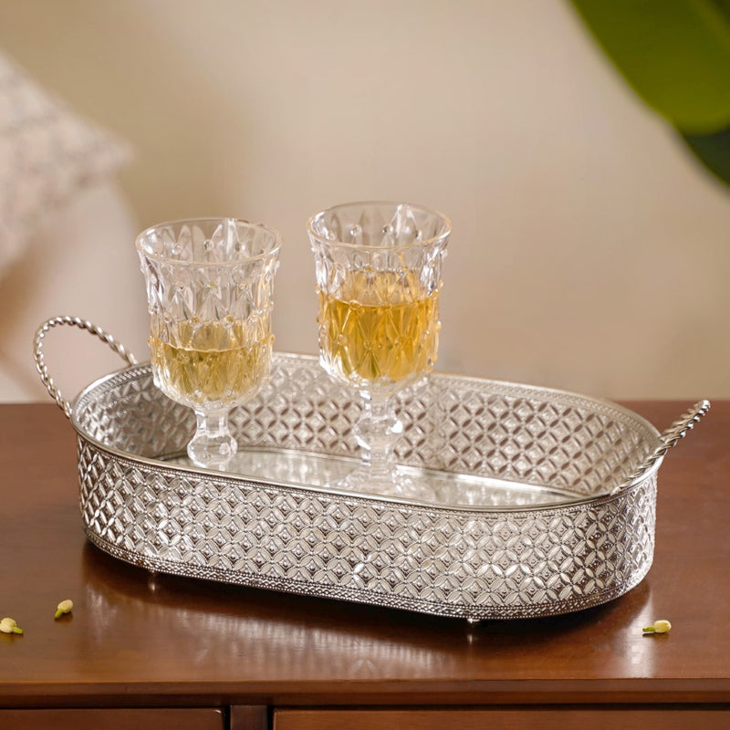 Festive Oval Tray Silver Large - Festive Oval Tray Silver, Large Decorative Tray, Silver Festive Tray, Oval Serving Tray for Home Decor
