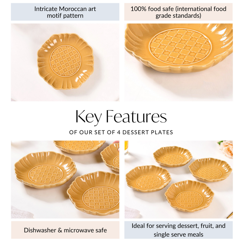Moroccan Motif Dessert Plate Set Of 4 Yellow Ochre 6 Inch - Dessert plates, serving plates, ceramic dessert plates, serving dishes