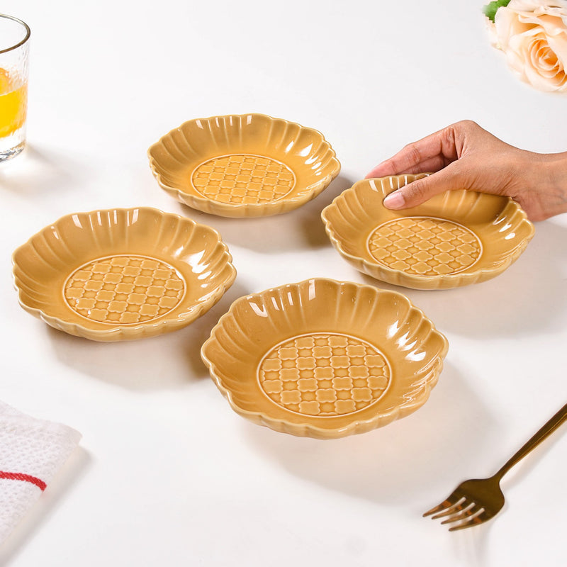 Moroccan Motif Dessert Plate Set Of 4 Yellow Ochre 6 Inch - Dessert plates, serving plates, ceramic dessert plates, serving dishes