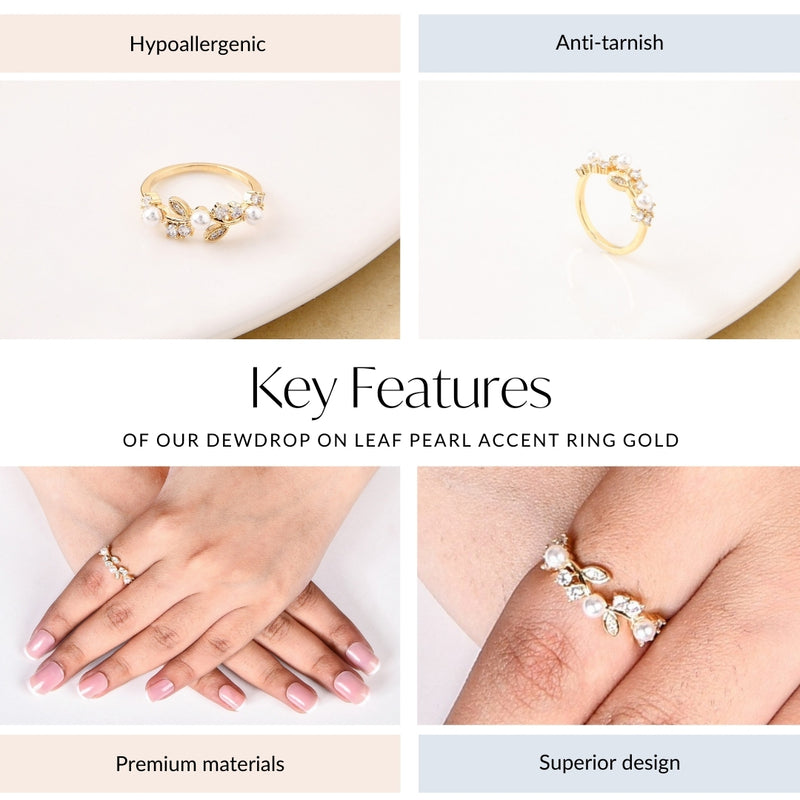 Dewdrop On Leaf Pearl Accent Ring Gold