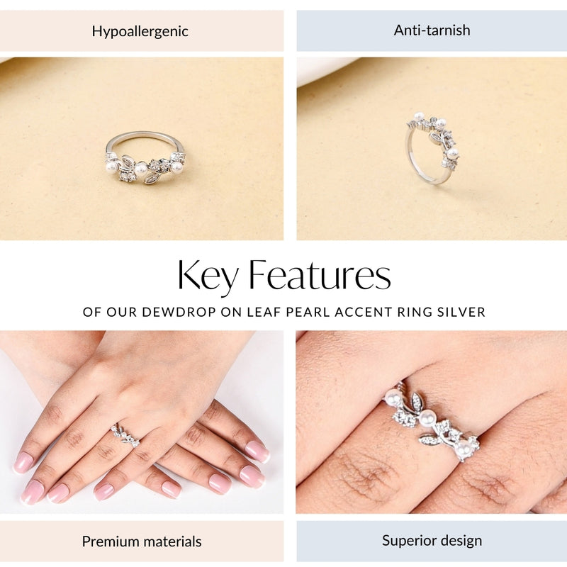 Dewdrop On Leaf Pearl Accent Ring Silver