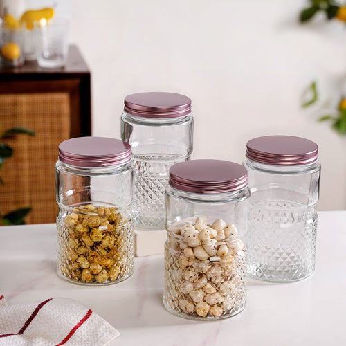 Diamond Embossed Storage Glass Jars With Lids Set Of 4 1000ml
