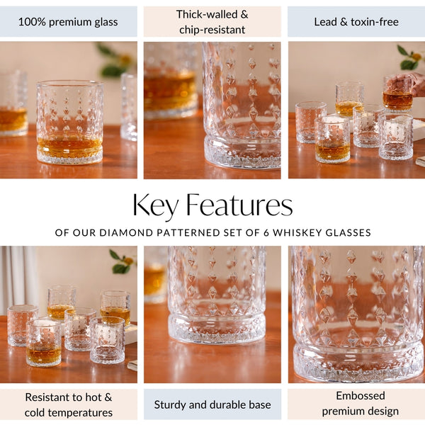 Diamond Patterned Set Of 6 Whiskey Glasses 380ml