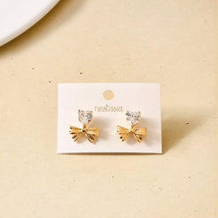 Diamond Heart Bow Drop Earrings Gold