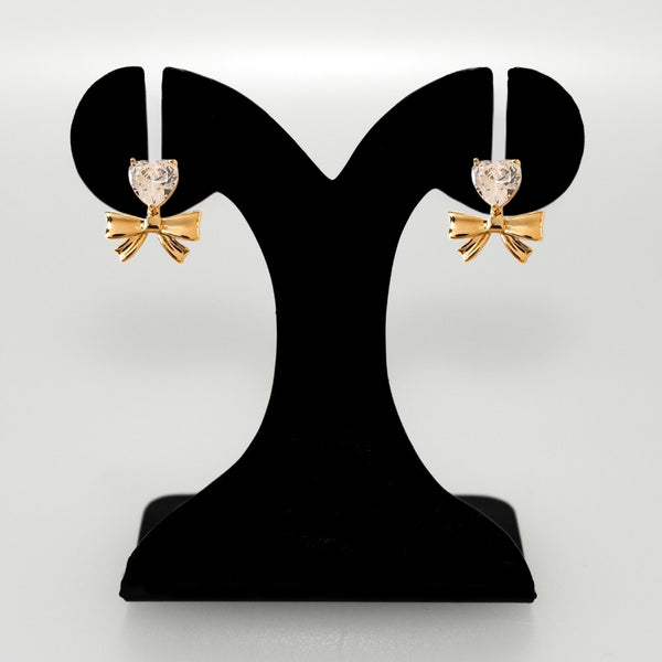 Diamond Heart Bow Drop Earrings Gold