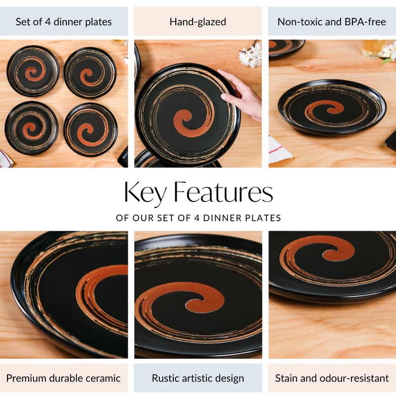 Brushstroke Round Exotic Dinner Plate Set Of 4 10 Inch - Ceramic dinner plates, dinner plates set of 4, ceramic plates, black dinner plates
