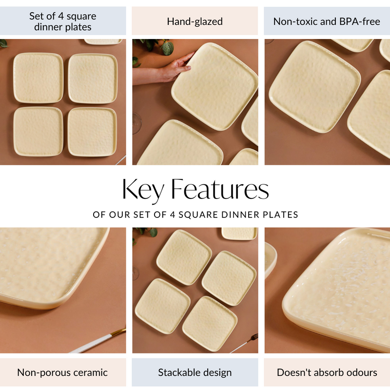 Textured Ceramic Square Dinner Plate Vanilla White Set Of 4 10 Inch - Dinner plates, ceramic plates, ceramic dinner plates, square plates