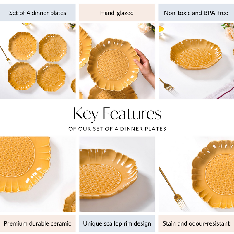 Scalloped Moroccan Dinner Plate Set Of 4 Yellow Ochre 10 Inch - Dinner plates, ceramic plates, ceramic dinner plates, dinner plate set, yellow plates