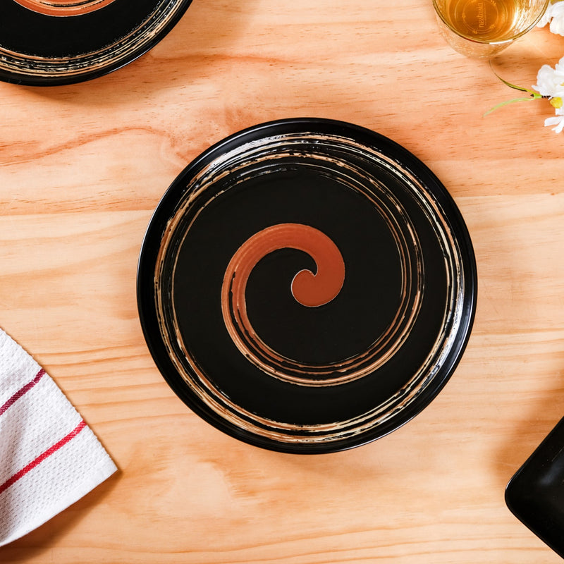 Brushstroke Round Exotic Dinner Plate Set Of 4 10 Inch - Ceramic dinner plates, dinner plates set of 4, ceramic plates, black dinner plates