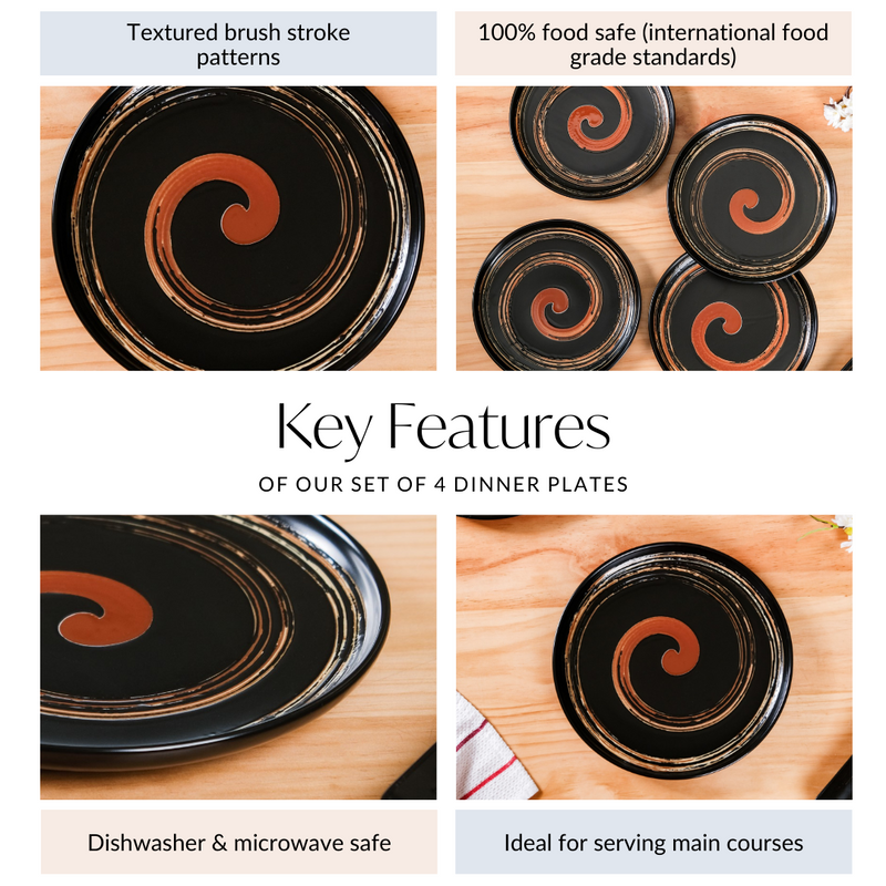 Brushstroke Round Exotic Dinner Plate Set Of 4 10 Inch - Ceramic dinner plates, dinner plates set of 4, ceramic plates, black dinner plates