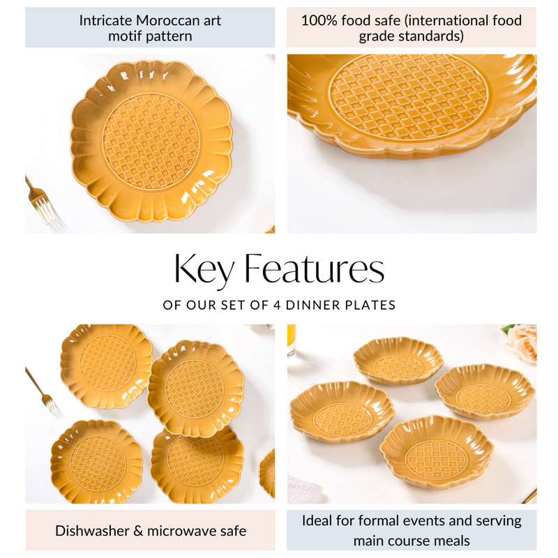 Scalloped Moroccan Dinner Plate Set Of 4 Yellow Ochre 10 Inch - Dinner plates, ceramic plates, ceramic dinner plates, dinner plate set, yellow plates