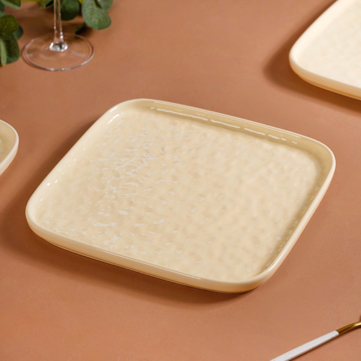 Textured Ceramic Square Dinner Plate Vanilla White Set Of 10 Inch