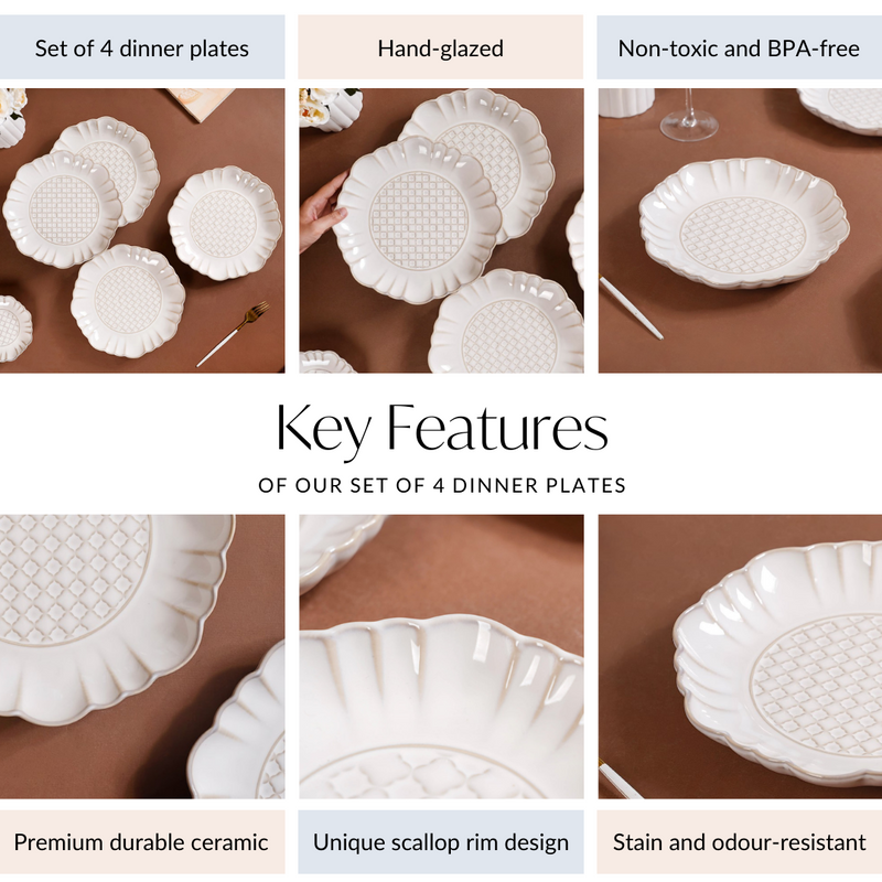Luxury Ceramic Stoneware Dinner Plate Set Of 4 Ivory 10 Inch - Dinner plates, ceramic dinner plates, white ceramic plates, white plates, round plates