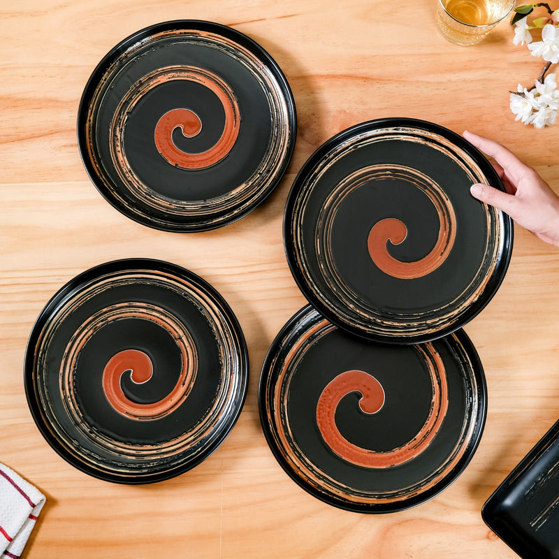 Brushstroke Round Exotic Dinner Plate Set Of 4 10 Inch - Ceramic dinner plates, dinner plates set of 4, ceramic plates, black dinner plates