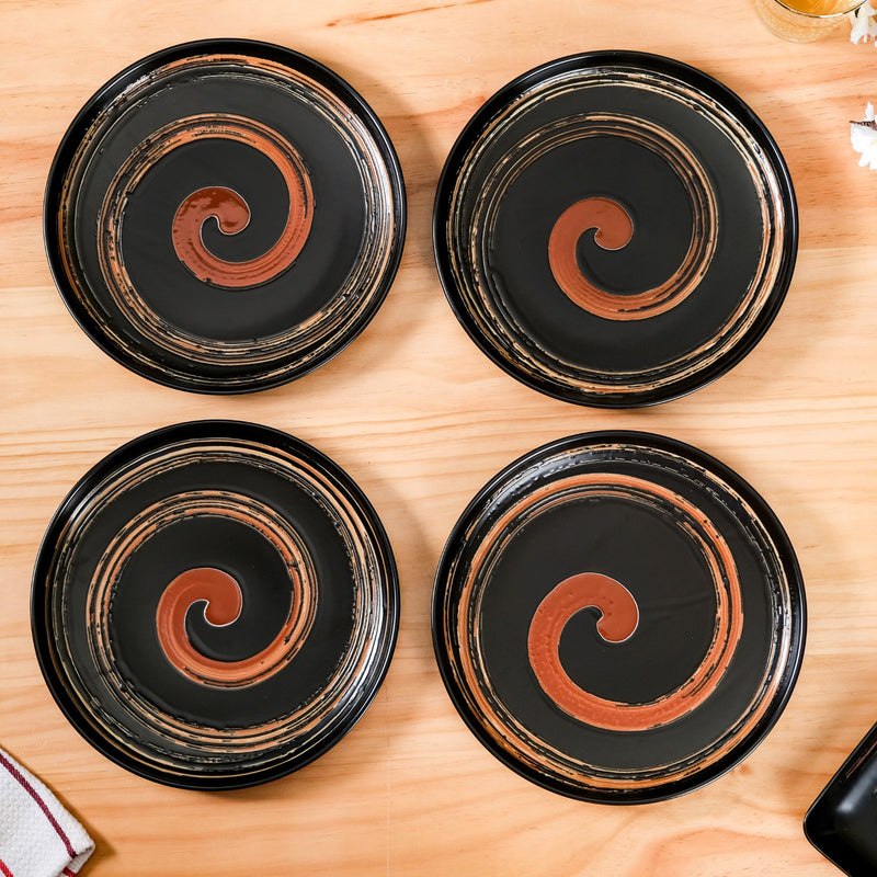 Brushstroke Round Exotic Dinner Plate Set Of 4 10 Inch - Ceramic dinner plates, dinner plates set of 4, ceramic plates, black dinner plates