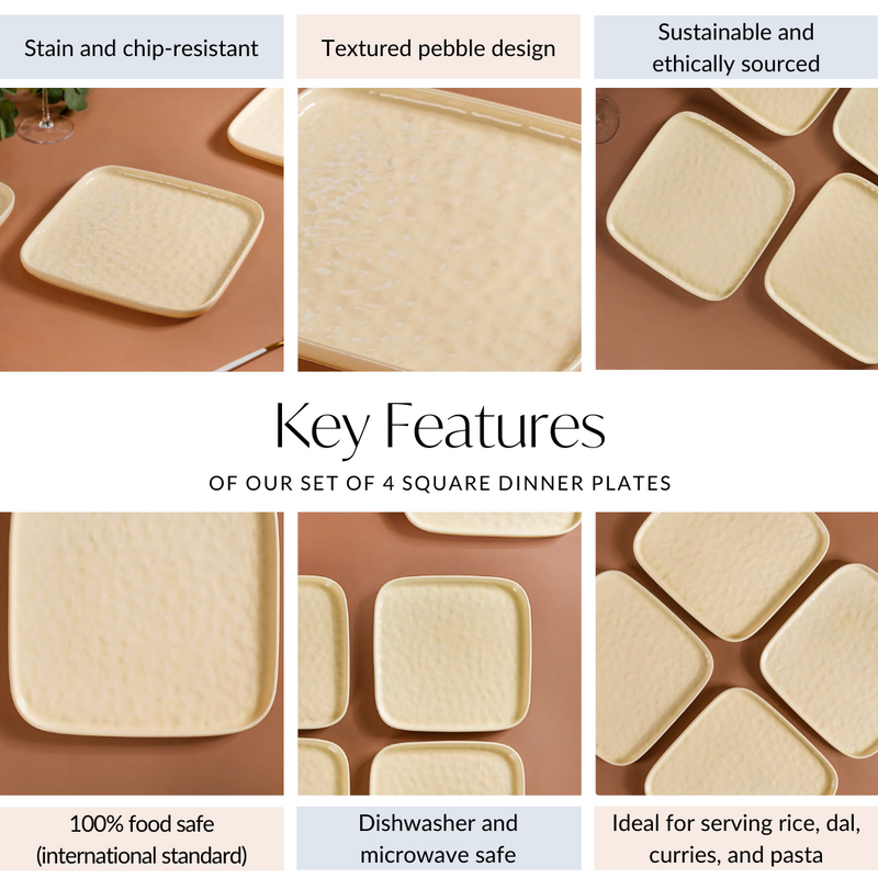 Textured Ceramic Square Dinner Plate Vanilla White Set Of 4 10 Inch - Dinner plates, ceramic plates, ceramic dinner plates, square plates