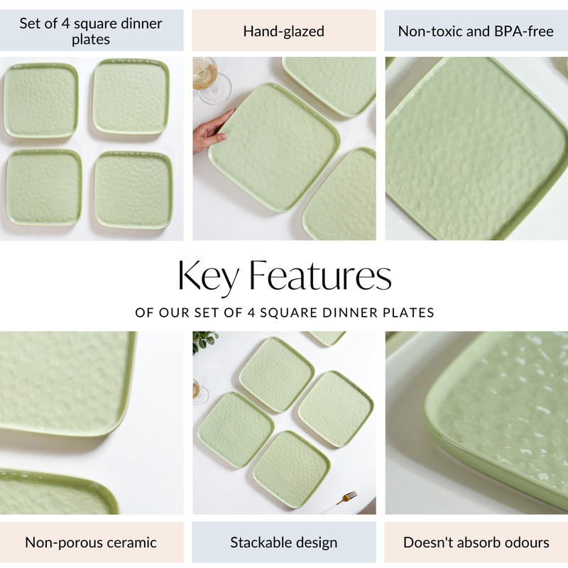 Textured Square Dinner Plate Sage Green Set Of 4 10 Inch - Dinner plates, ceramic plates, ceramic dinner plates, dinner plate set, square plates