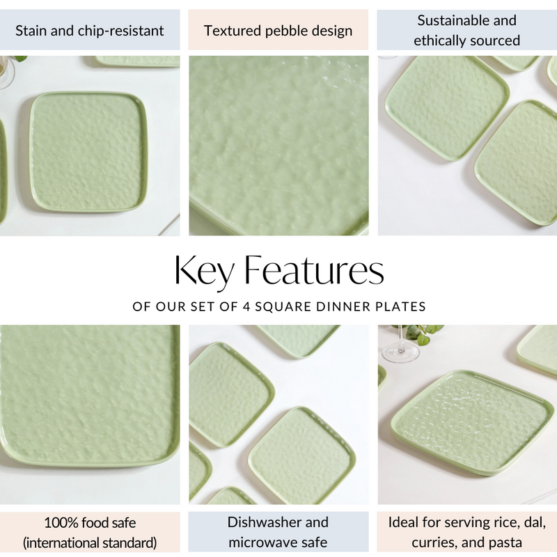 Textured Square Dinner Plate Sage Green Set Of 4 10 Inch - Dinner plates, ceramic plates, ceramic dinner plates, dinner plate set, square plates