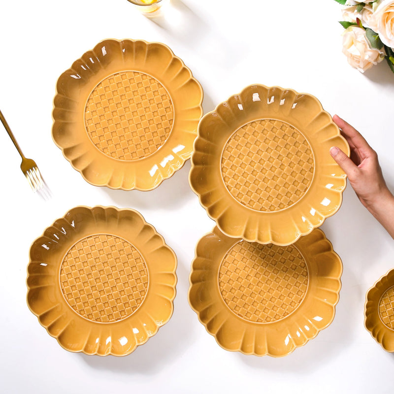 Scalloped Moroccan Dinner Plate Set Of 4 Yellow Ochre 10 Inch - Dinner plates, ceramic plates, ceramic dinner plates, dinner plate set, yellow plates