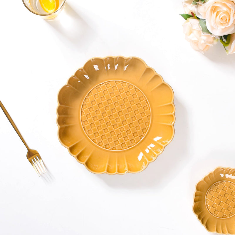 Scalloped Moroccan Dinner Plate Set Of 4 Yellow Ochre 10 Inch - Dinner plates, ceramic plates, ceramic dinner plates, dinner plate set, yellow plates