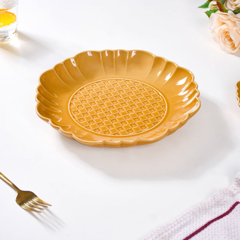 Scalloped Moroccan Dinner Plate Set Of 4 Yellow Ochre 10 Inch - Dinner plates, ceramic plates, ceramic dinner plates, dinner plate set, yellow plates