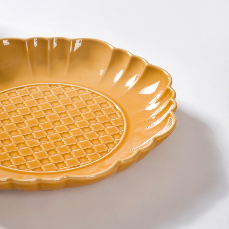 Scalloped Moroccan Dinner Plate Set Of 4 Yellow Ochre 10 Inch - Dinner plates, ceramic plates, ceramic dinner plates, dinner plate set, yellow plates