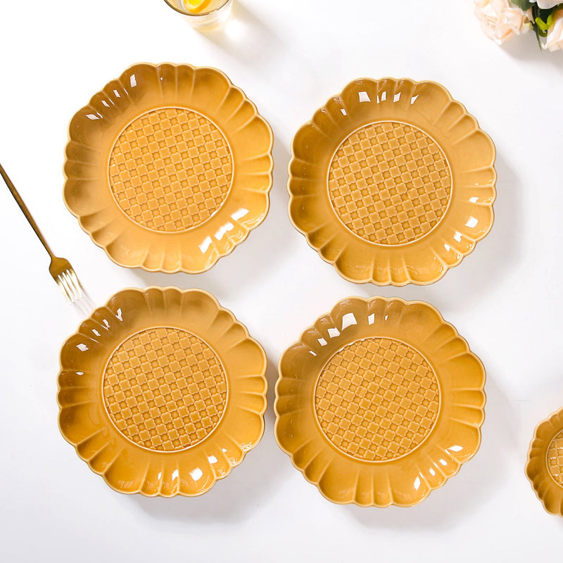 Scalloped Moroccan Dinner Plate Set Of 4 Yellow Ochre 10 Inch - Dinner plates, ceramic plates, ceramic dinner plates, dinner plate set, yellow plates