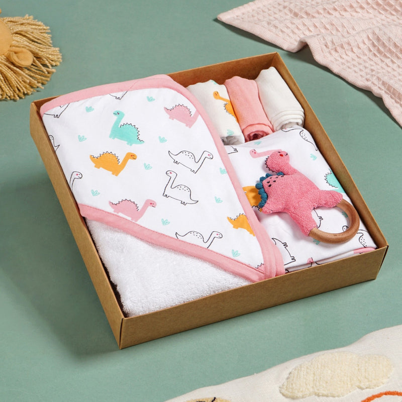 Dino Baby Hamper With Swaddle Towel Napkin Rattle Set Of 6