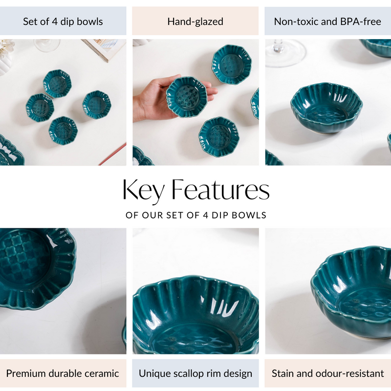 Exquisite Moroccan Scallop Rim Dip Bowls Dark Green Set Of 4 50ml - Dip bowls, ceramic dip bowls, small bowls, dip bowls set