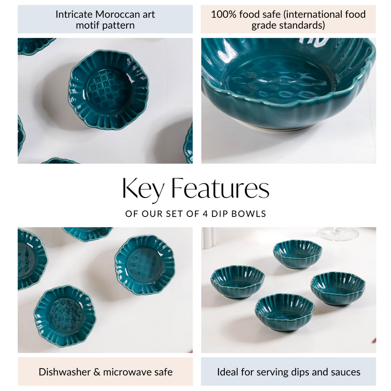 Exquisite Moroccan Scallop Rim Dip Bowls Dark Green Set Of 4 50ml - Dip bowls, ceramic dip bowls, small bowls, dip bowls set