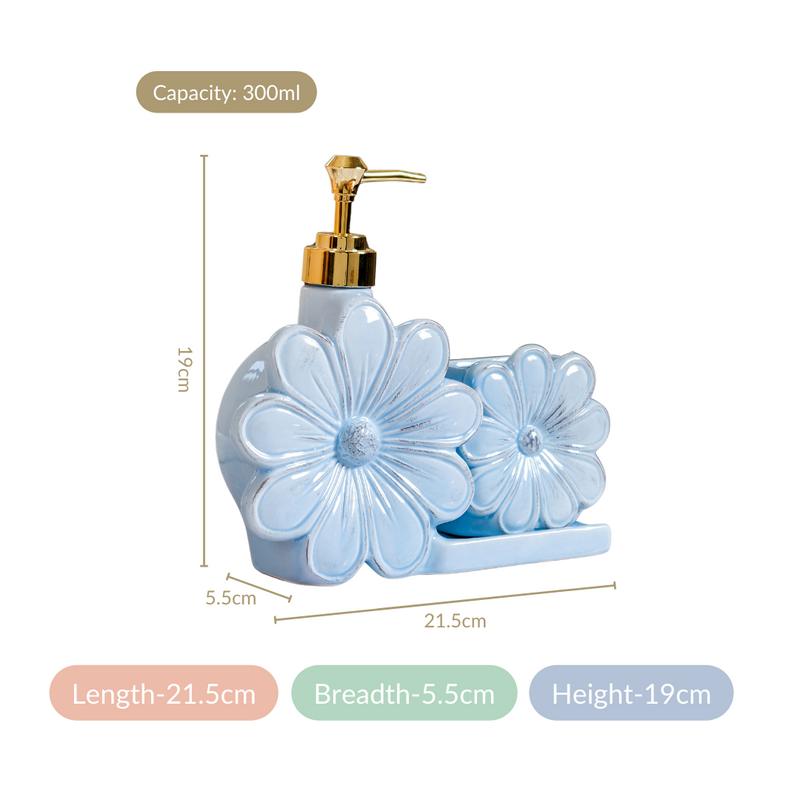Flower Soap Dispenser With Holder Ceramic Blue