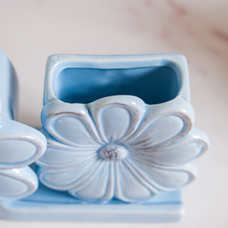 Flower Soap Dispenser With Holder Ceramic Blue