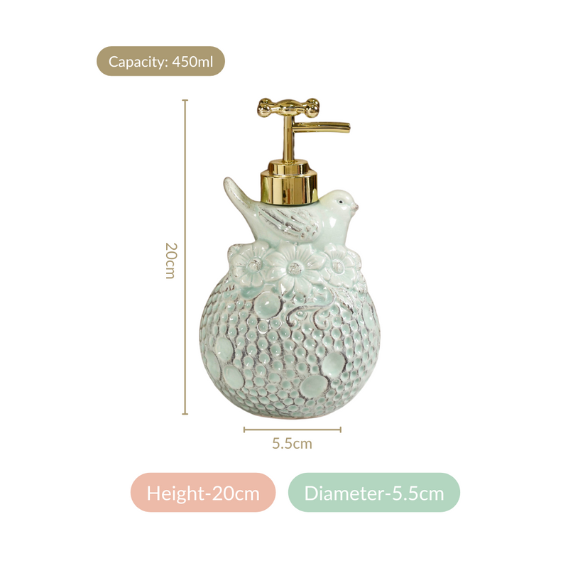 Bird Ceramic Embossed Liquid Soap Dispenser Pastel Green