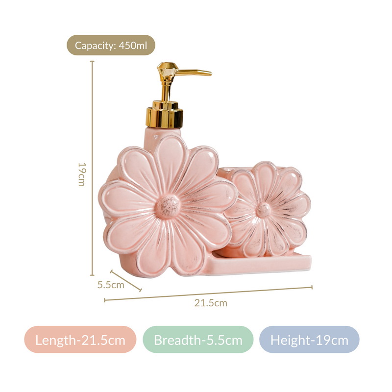 Floral Soap Dispenser With Holder Pink