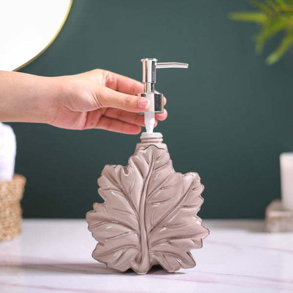 Taupe Leaf Shaped Ceramic Soap Dispenser