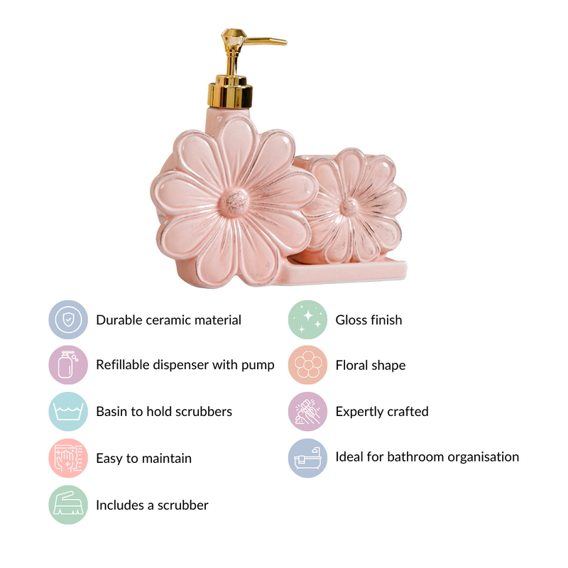 Floral Soap Dispenser With Holder Pink
