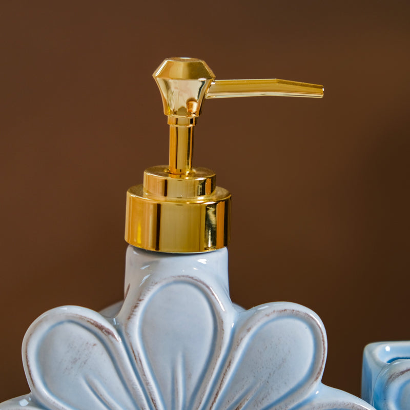 Flower Soap Dispenser With Holder Ceramic Blue