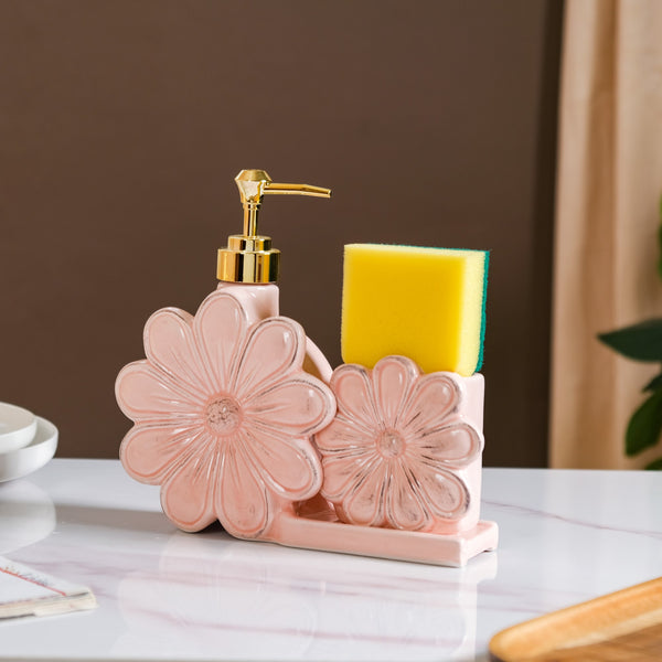 Floral Soap Dispenser With Holder Pink
