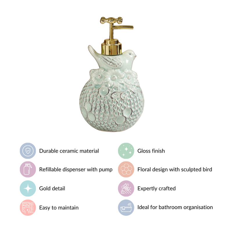 Bird Ceramic Embossed Liquid Soap Dispenser Pastel Green