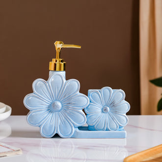 Flower Soap Dispenser With Holder Ceramic Blue