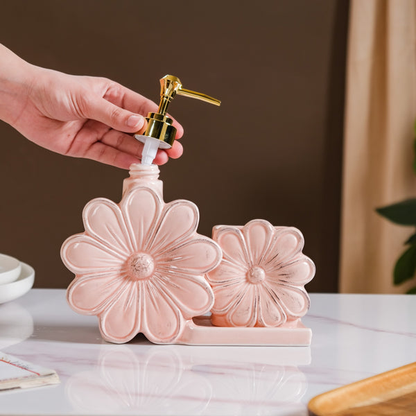 Floral Soap Dispenser With Holder Pink