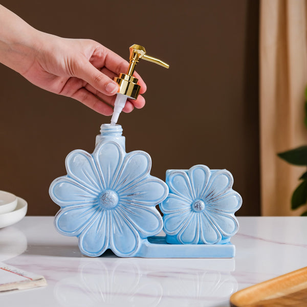 Flower Soap Dispenser With Holder Ceramic Blue