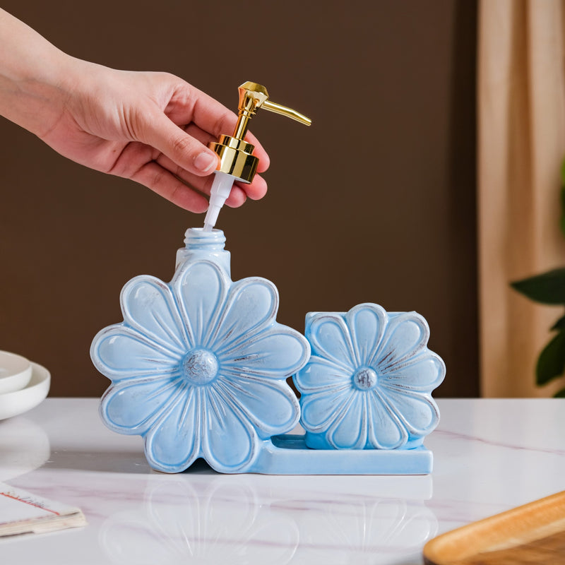 Flower Soap Dispenser With Holder Ceramic Blue