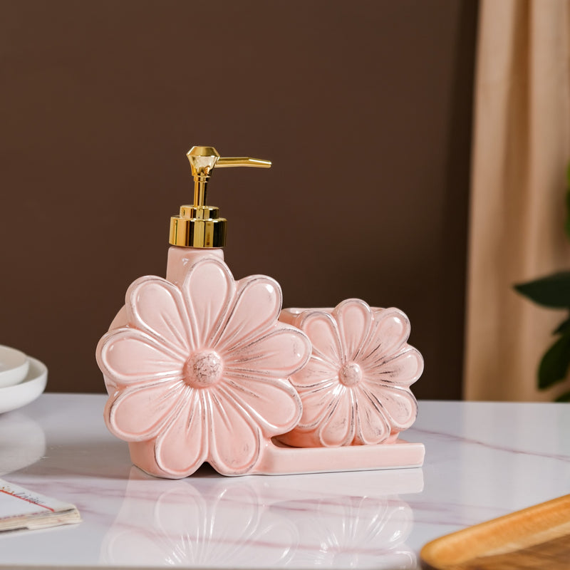 Floral Soap Dispenser With Holder Pink