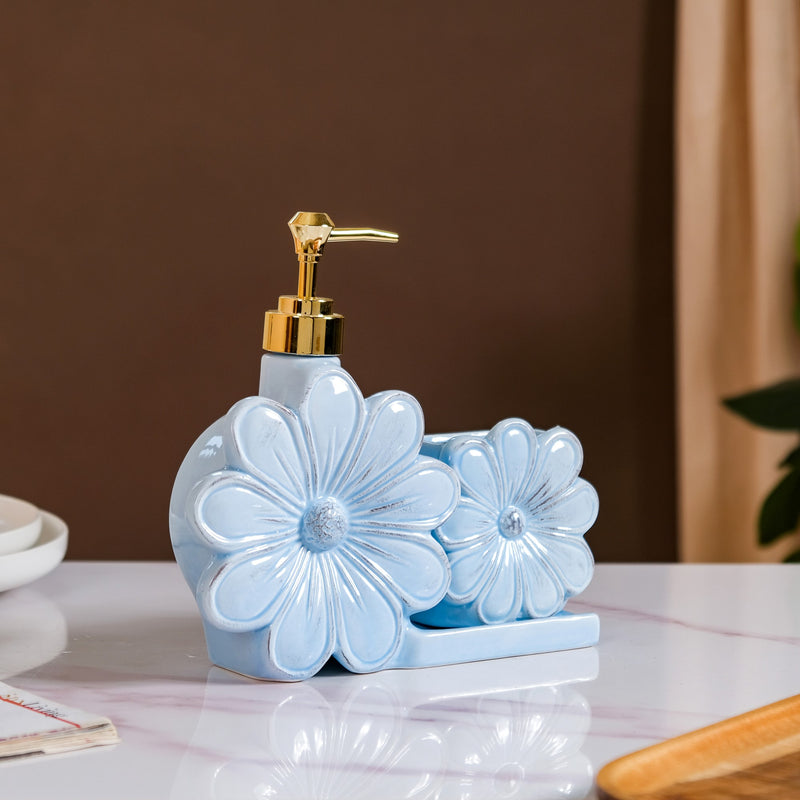 Flower Soap Dispenser With Holder Ceramic Blue