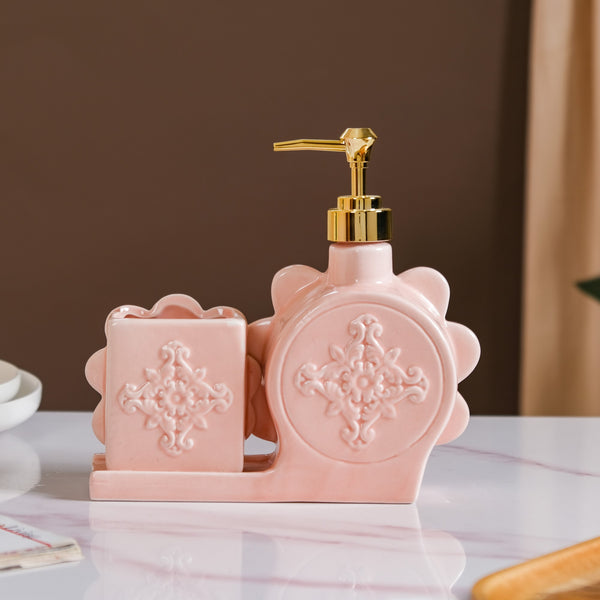 Floral Soap Dispenser With Holder Pink