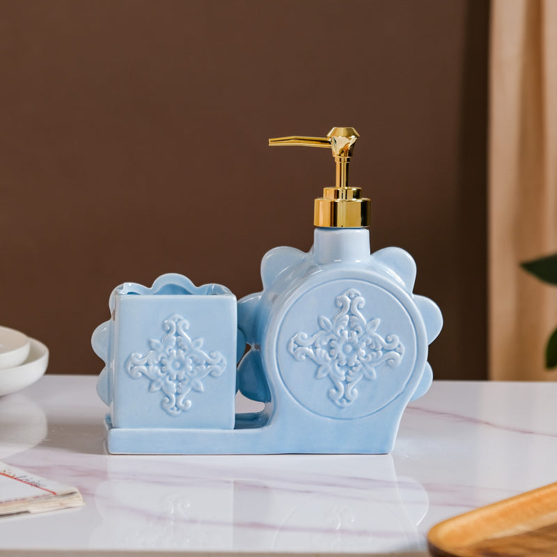 Flower Soap Dispenser With Holder Ceramic Blue