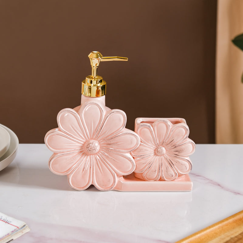 Floral Soap Dispenser With Holder Pink