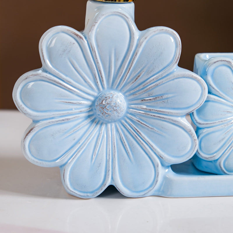 Flower Soap Dispenser With Holder Ceramic Blue